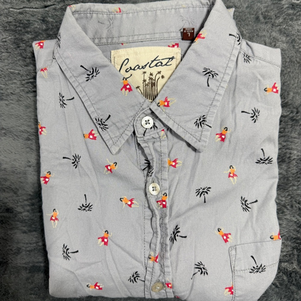 Coastal Button Down Shirt‎ Mens Large Grey Hula Dancer Palm Tree RN103617